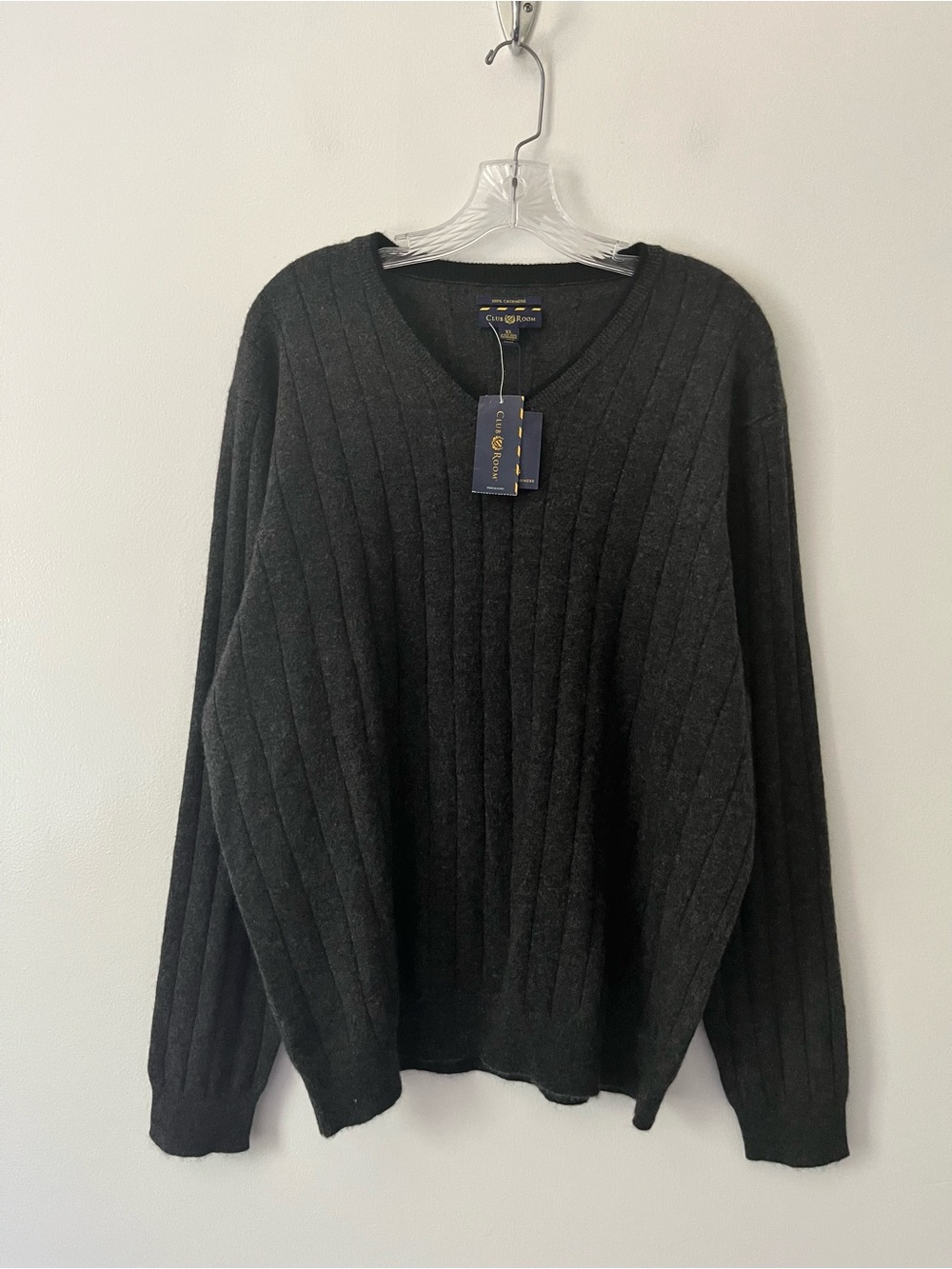 NEW Club Room 100% Cashmere Ribbed Knit Gray V Neck Sweater Contrast Trim XL